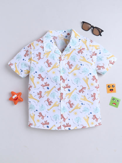 Boys Cotton Printed Shirt - White Animals