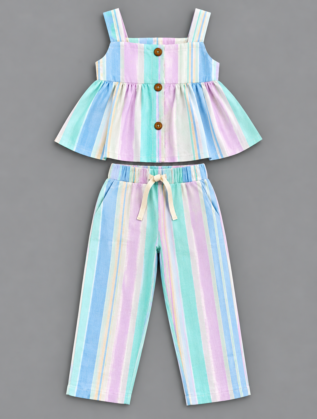 Girls 100% Cotton Striped Peplum Top and Pant Co-Ord Set -  Candy Striped