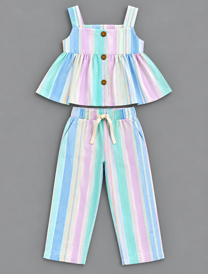 Girls 100% Cotton Striped Peplum Top and Pant Co-Ord Set -  Candy Striped