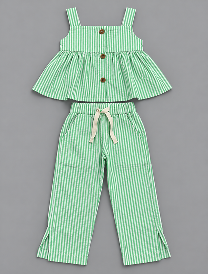 Girls 100% Cotton Striped Peplum Top and Pant Co-Ord Set -  Green Striped