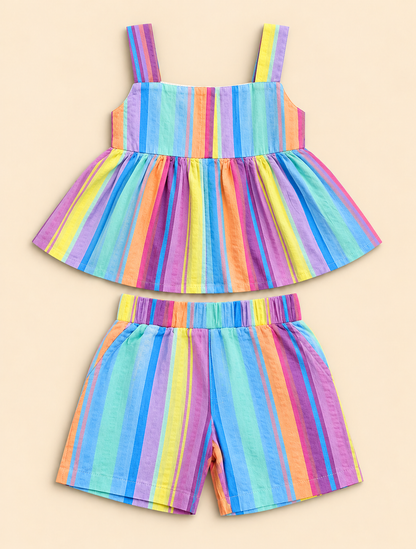 Girls 100% Cotton Striped Peplum Top and Shorts Co-Ord Set - Rainbow