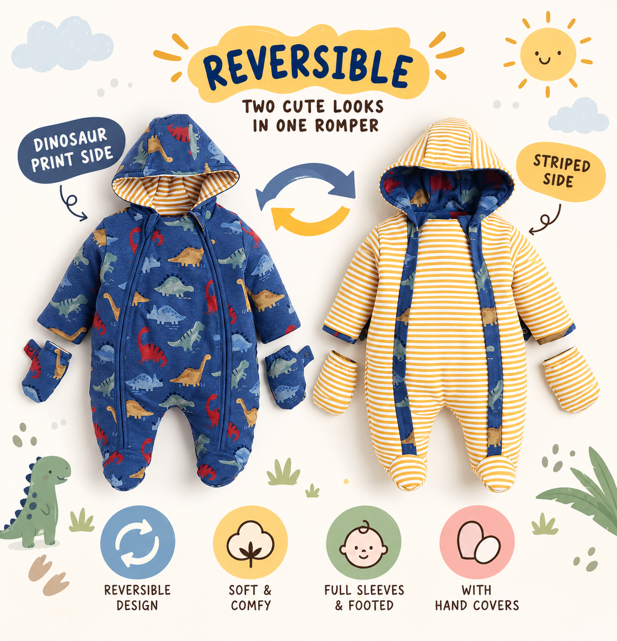 Baby Nation Reversible Baby Romper – Dinosaur Print & Mustard Stripes