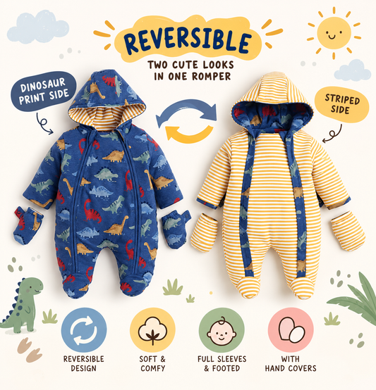 Baby Nation Reversible Baby Romper – Dinosaur Print & Mustard Stripes