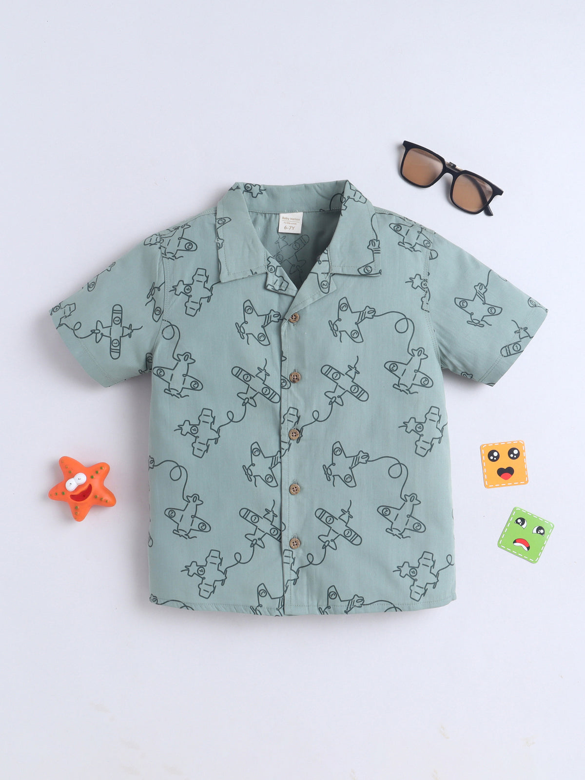Boys Cotton Shirt - Green Aeroplane