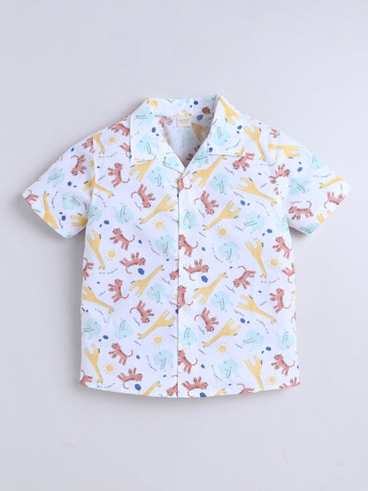 Boys Cotton Printed Shirt - White Animals
