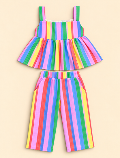 Girls 100% Cotton Striped Peplum Top and Pant Co-Ord Set - Rainbow Stripes