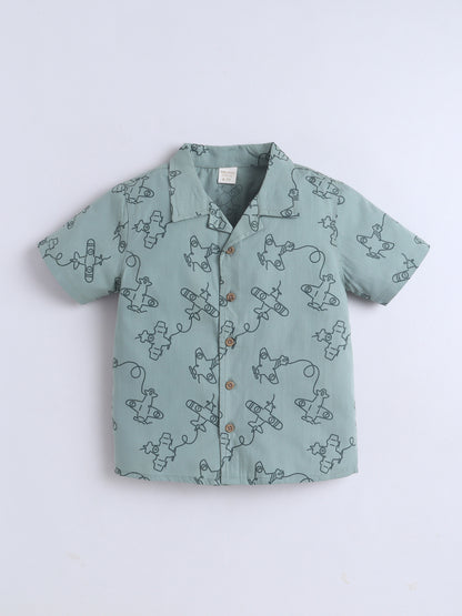 Boys Cotton Shirt - Green Aeroplane