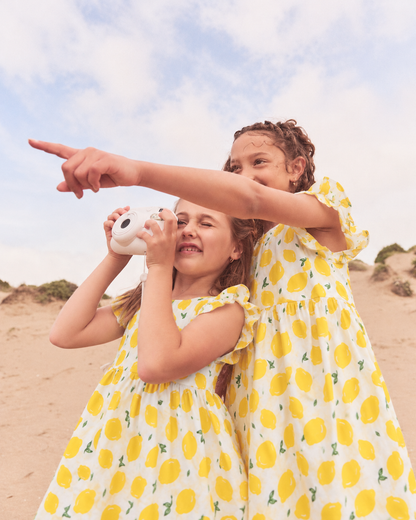 Girls Cotton Dress - Yellow Lemon Print