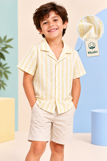 Boys Cotton Shirt - Yellow White Stripes