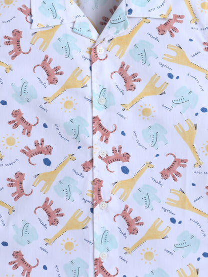 Boys Cotton Printed Shirt - White Animals