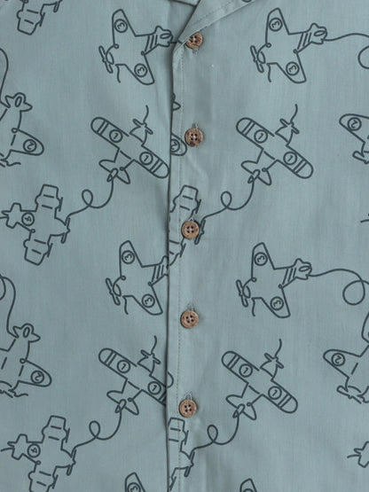 Boys Cotton Shirt - Green Aeroplane