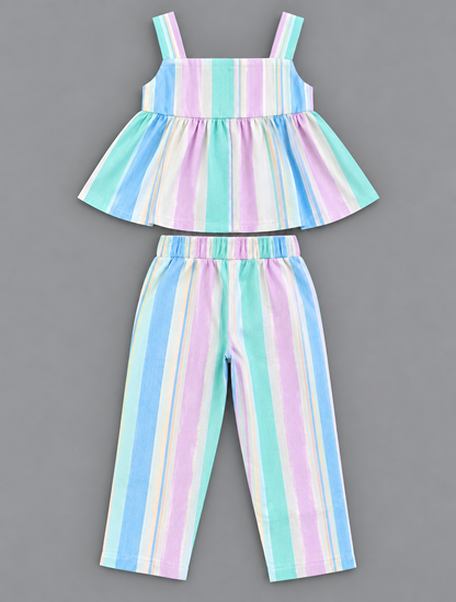 Girls 100% Cotton Striped Peplum Top and Pant Co-Ord Set -  Candy Striped