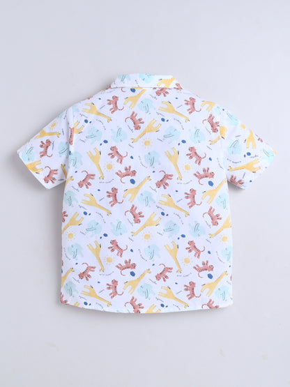 Boys Cotton Printed Shirt - White Animals
