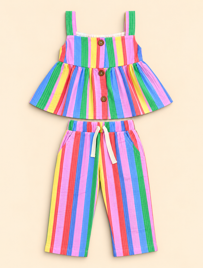 Girls 100% Cotton Striped Peplum Top and Pant Co-Ord Set - Rainbow Stripes