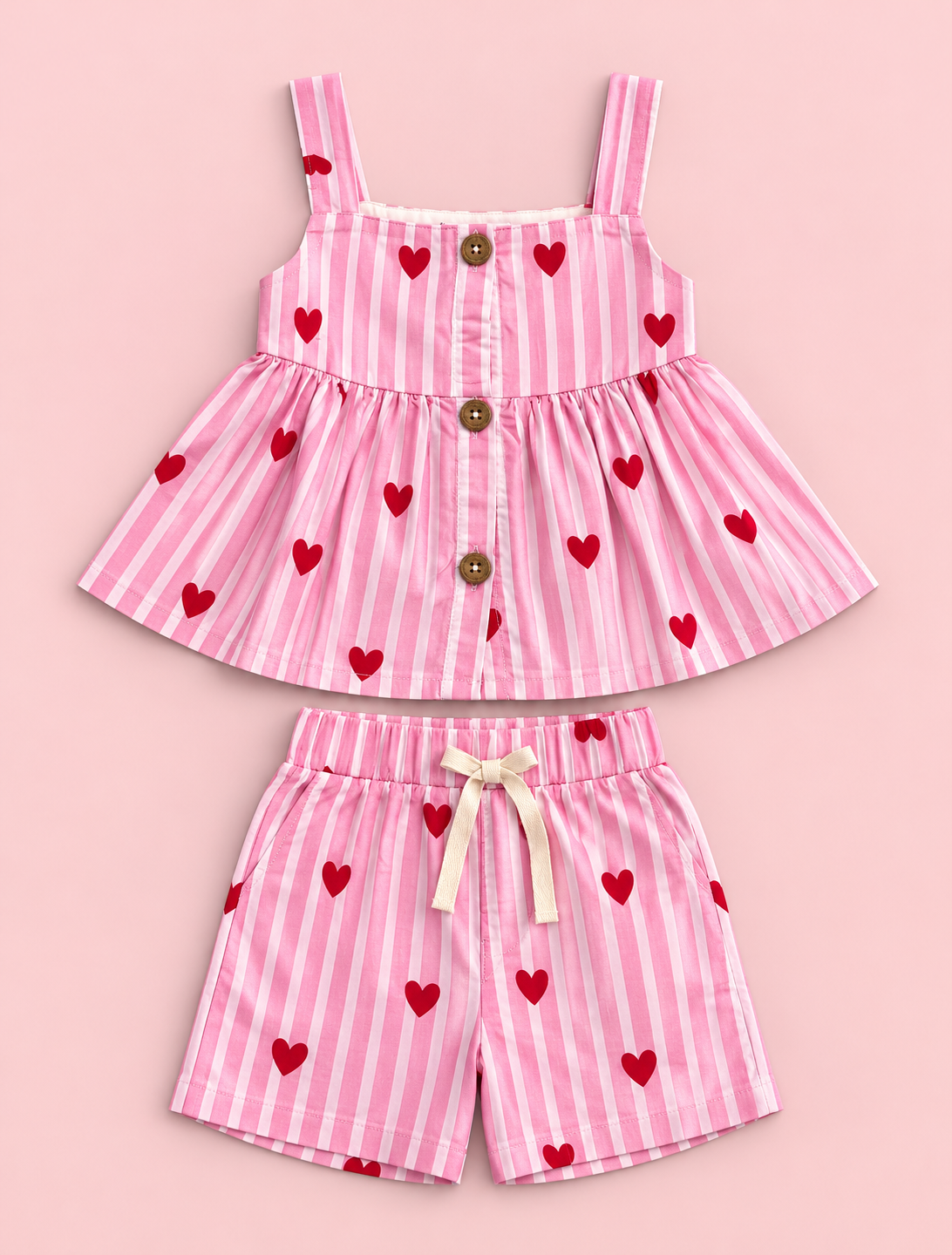 Girls 100% Cotton Striped Peplum Top and Shorts Co-Ord Set -  Pink Heart