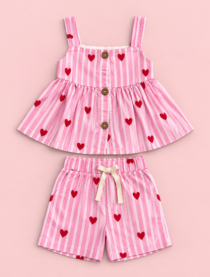 Girls 100% Cotton Striped Peplum Top and Shorts Co-Ord Set -  Pink Heart