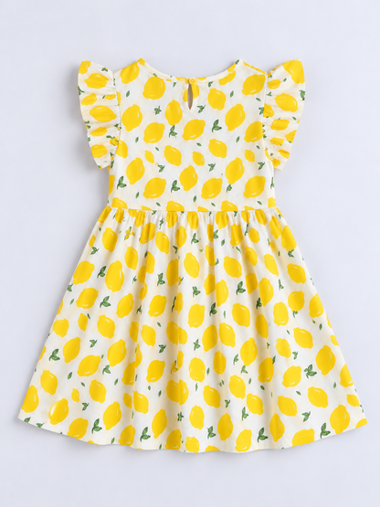 Girls Cotton Dress - Yellow Lemon Print