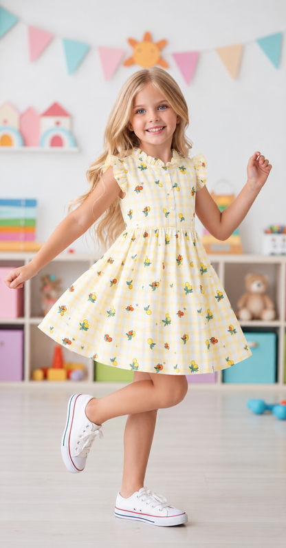 Girls Printed Woven Frock- Yellow Checked