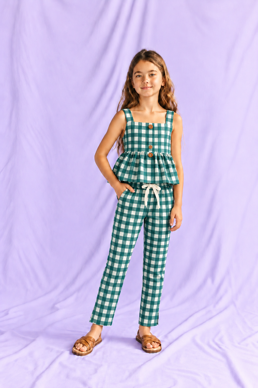 Girls 100% Cotton Striped Peplum Top and Pant Co-Ord Set - Dark Green Checked