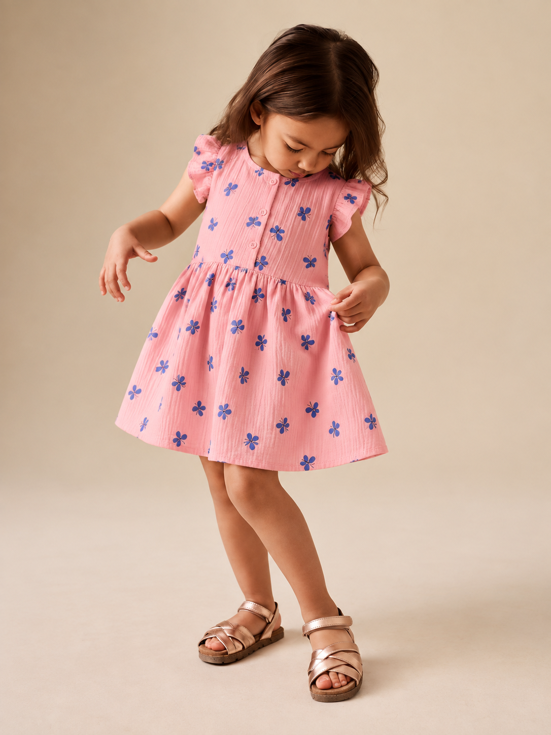 Girls Muslin Dress - Pink Butterfly
