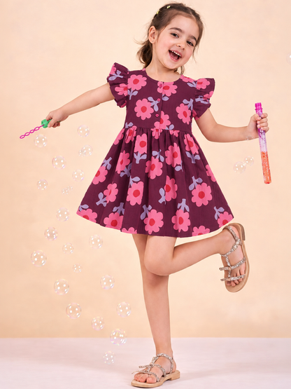 Girls Muslin Dress - Maroon Flower