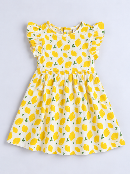 Girls Cotton Dress - Yellow Lemon Print