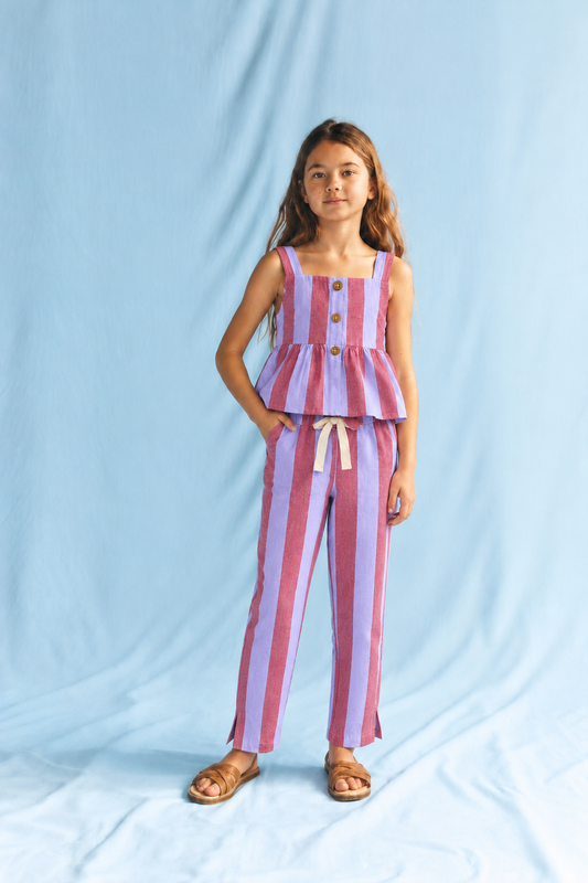 Girls 100% Cotton Striped Peplum Top and Pant Co-Ord Set -  Maroon Striped