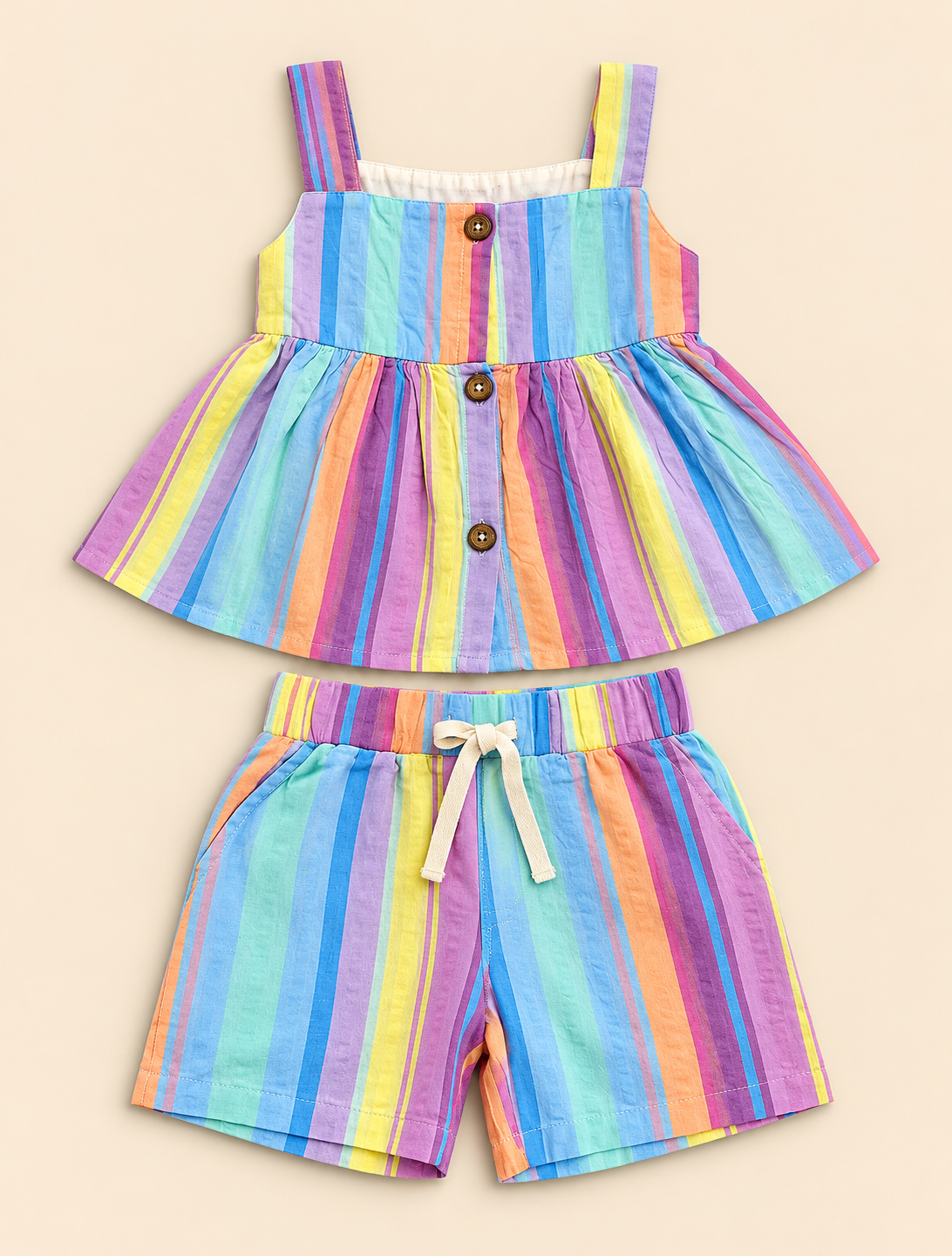 Girls 100% Cotton Striped Peplum Top and Shorts Co-Ord Set - Rainbow