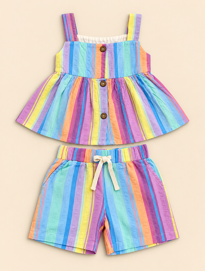 Girls 100% Cotton Striped Peplum Top and Shorts Co-Ord Set - Rainbow