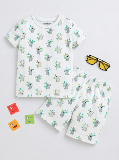 Baby Nation Cotton Knit Half Sleeves White Cola Printed Coordinating Shorts Set - White