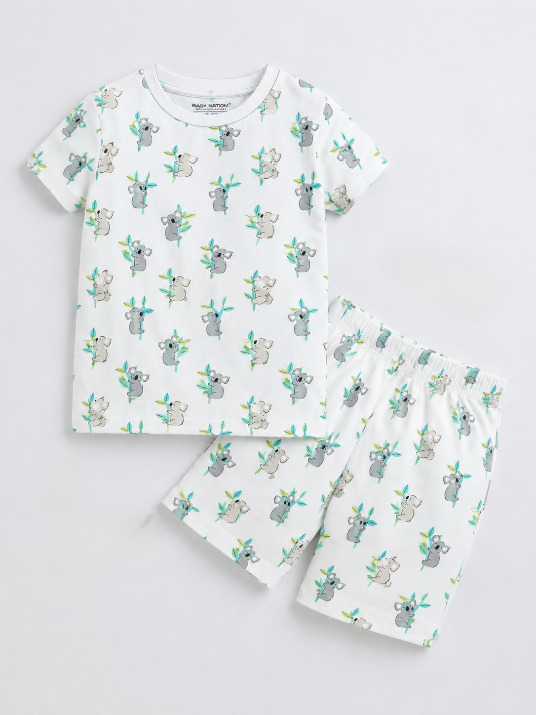 Baby Nation Cotton Knit Half Sleeves White Cola Printed Coordinating Shorts Set - White