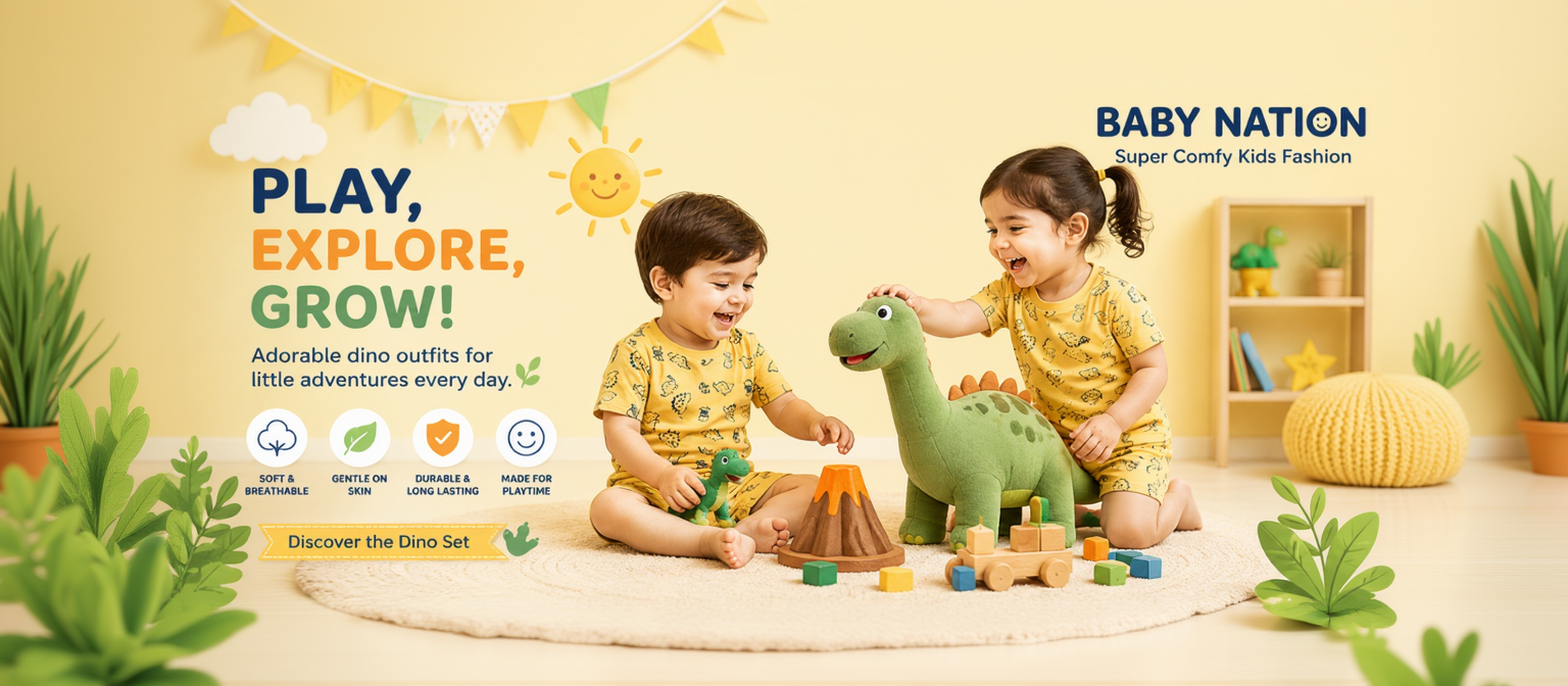 Two children playing with dinosaur toys in a room with 'Baby Nation' branding.