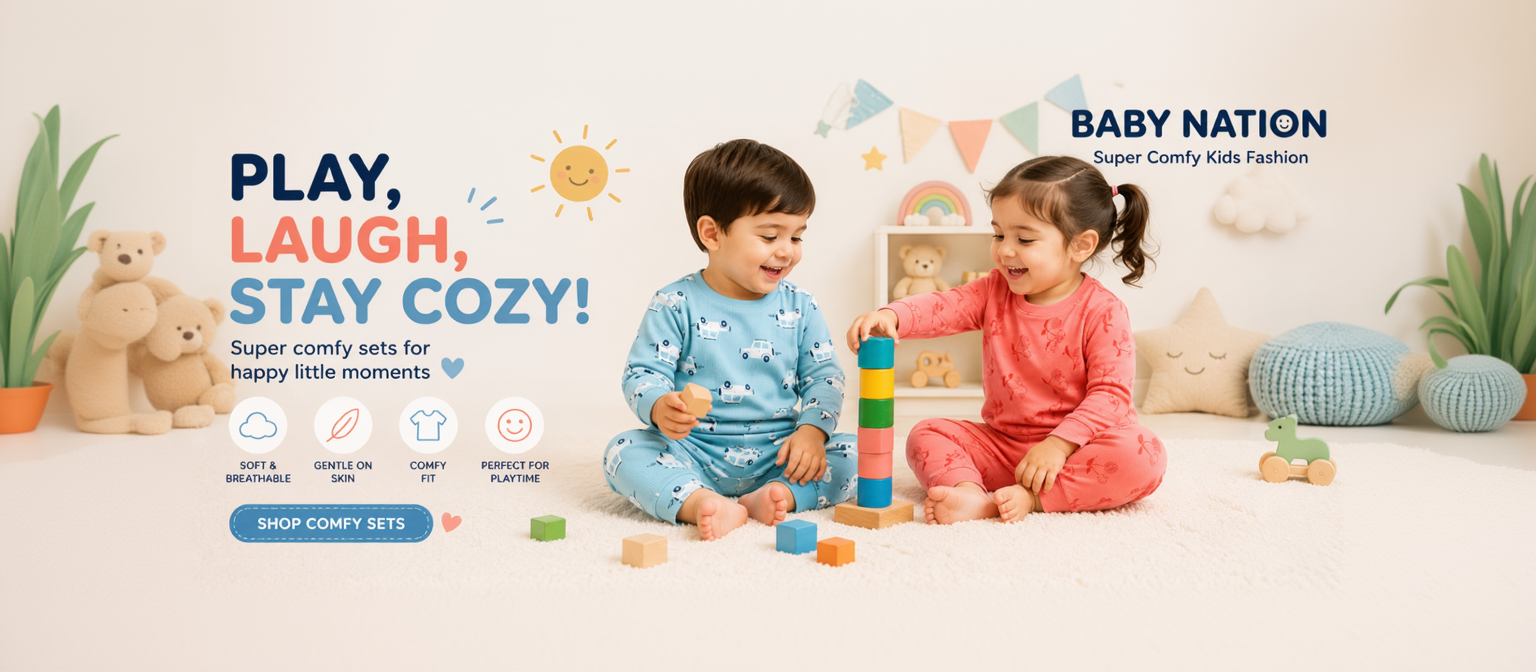 Two children playing with colorful blocks in a cozy room, promoting Baby Nation's kids fashion.