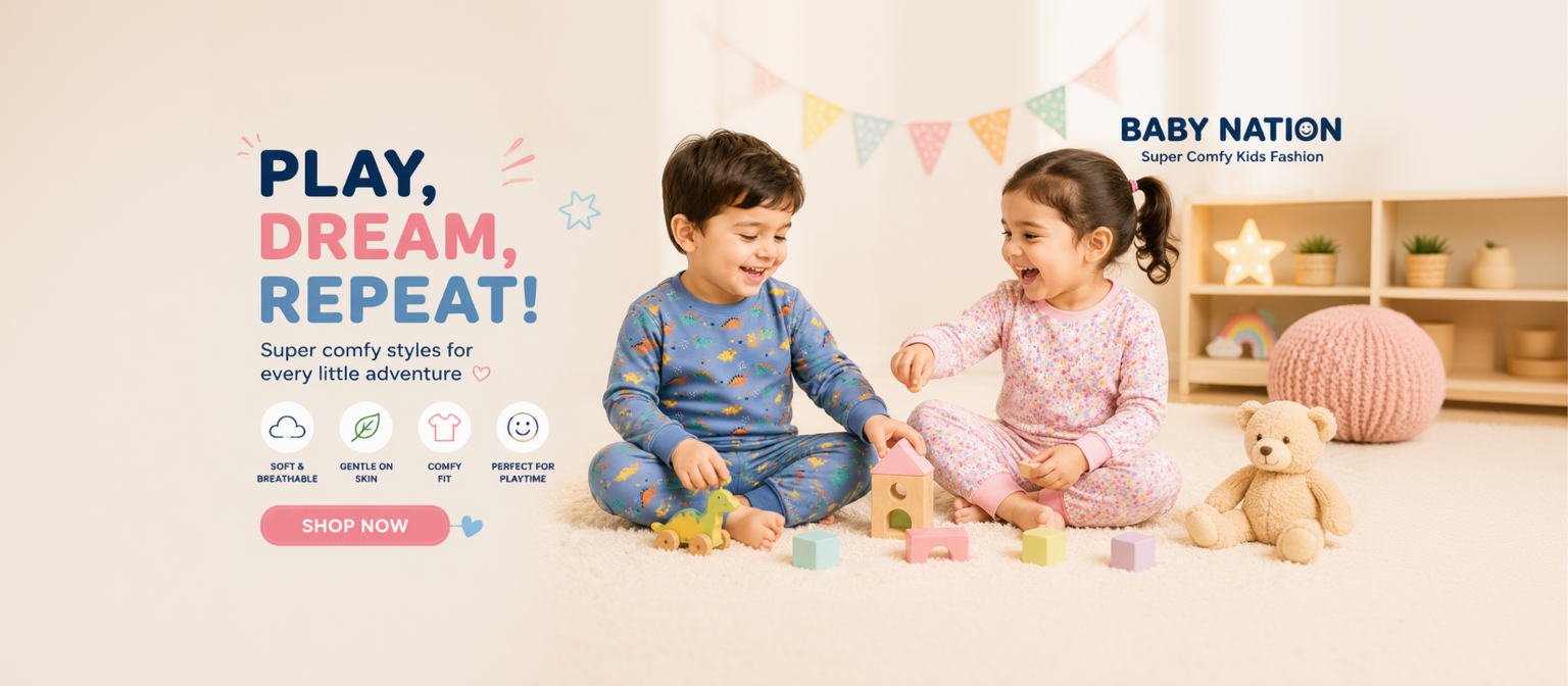 Two children playing with toys on a carpeted floor, surrounded by colorful blocks and a teddy bear. The background features a shelf with toys and a banner with text about Baby Nation.