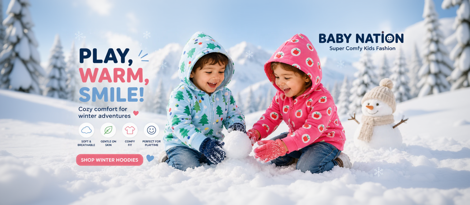 Two children playing in the snow with winter clothing, featuring Baby Nation branding.