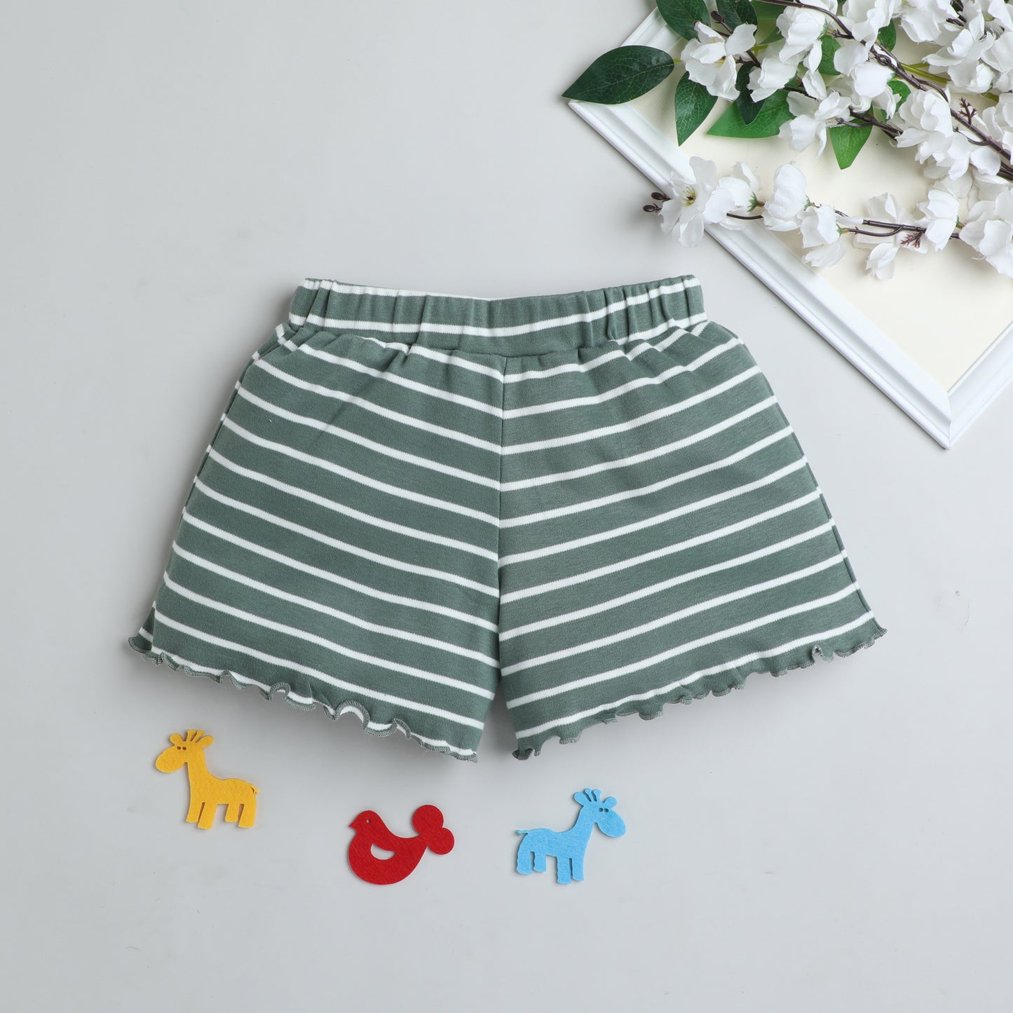 Green & White Striped Cotton Shorts