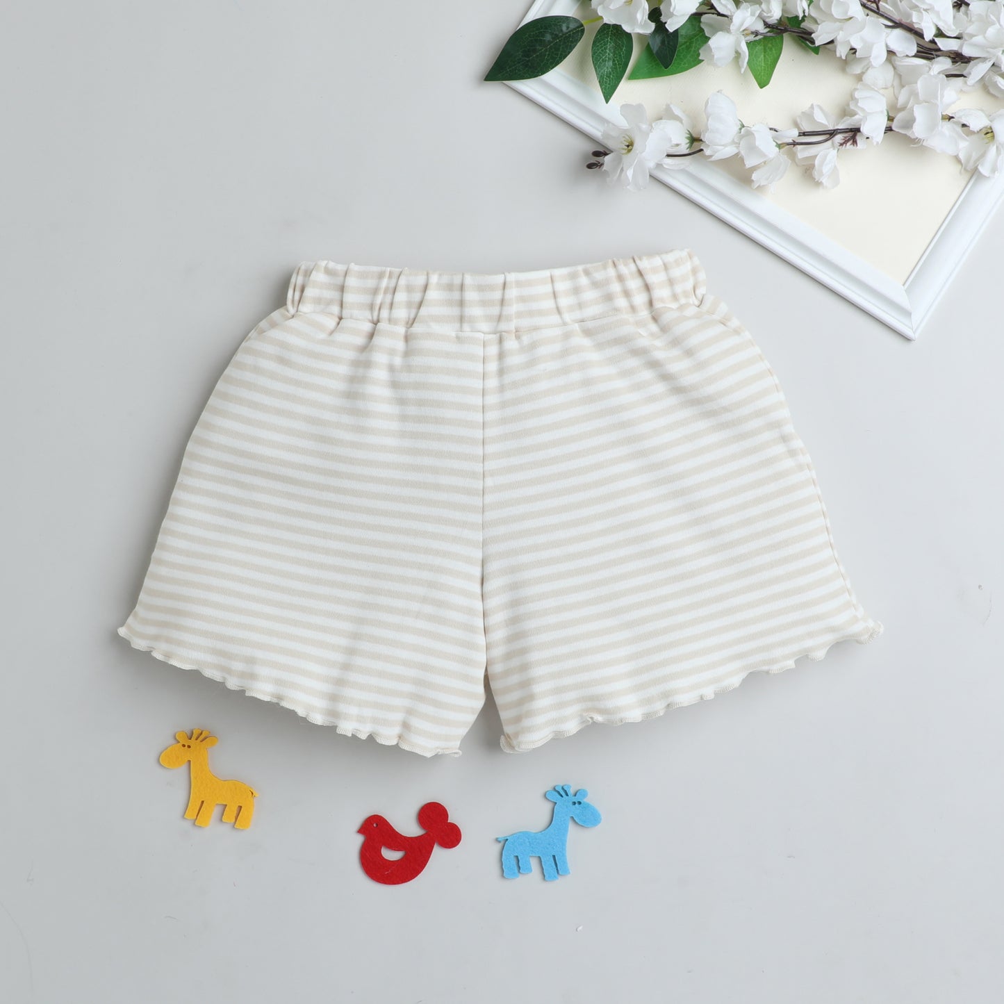 Beige & White Striped Cotton Shorts