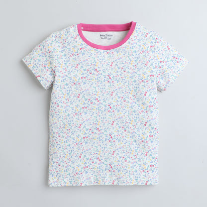 Girls Printed T-Shirt White – Floral Sprinkle Design