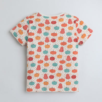 Kids Fruit Print T-Shirt – Beige with Colorful Pear & Pumpkin Design