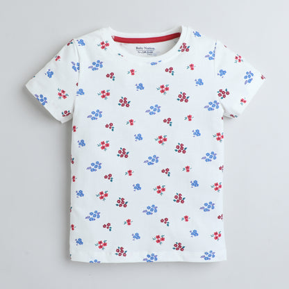 Girls Printed T-Shirt White – Floral All-Over Design
