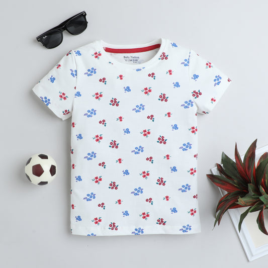 Girls Printed T-Shirt White – Floral All-Over Design