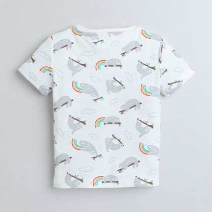 Girls Printed T-Shirt White – Sloth & Rainbow Design