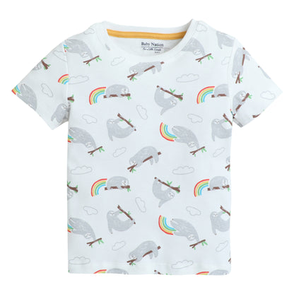 Girls Printed T-Shirt White – Sloth & Rainbow Design