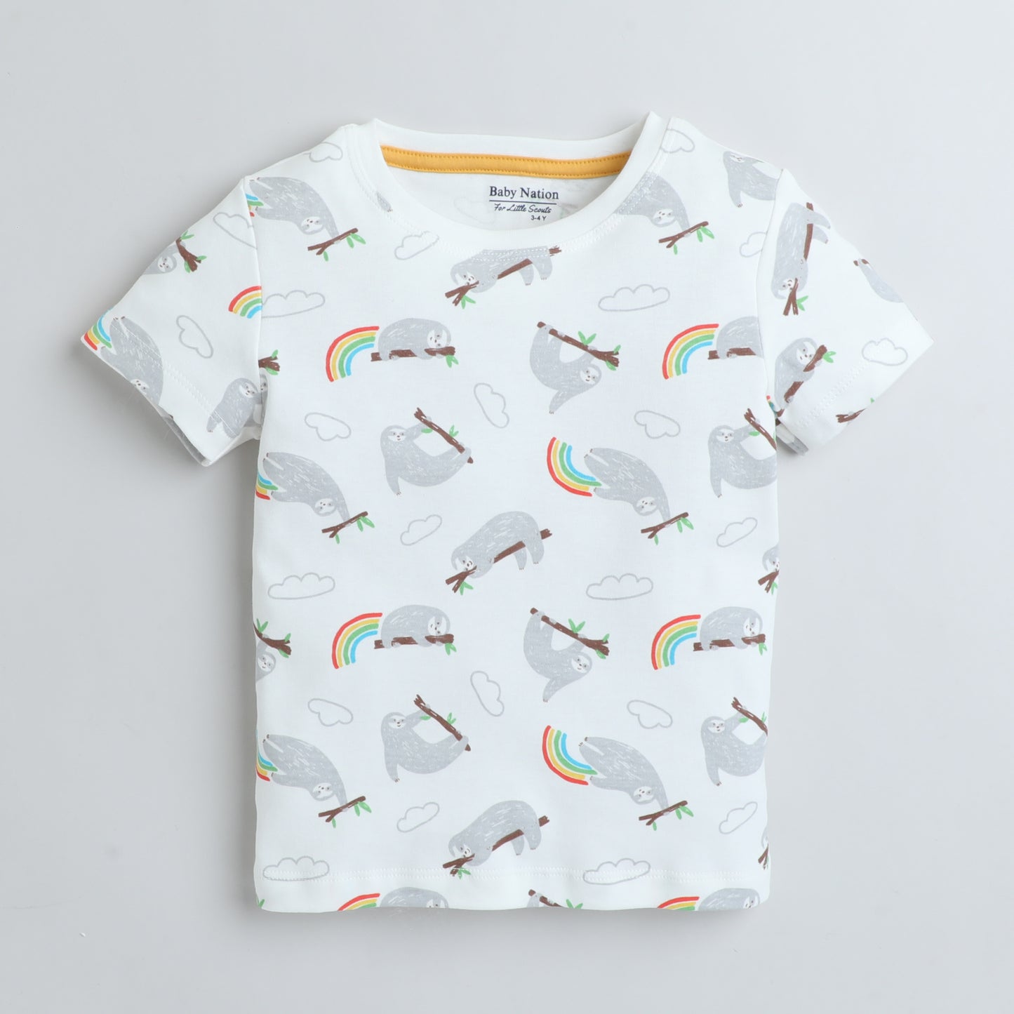 Girls Printed T-Shirt White – Sloth & Rainbow Design