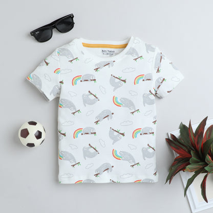 Girls Printed T-Shirt White – Sloth & Rainbow Design