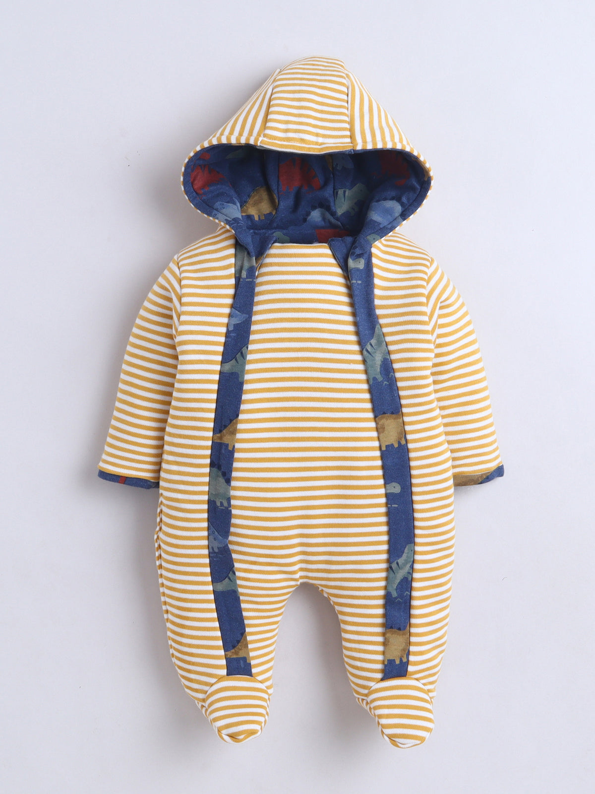 Baby Nation Reversible Baby Romper – Dinosaur Print & Mustard Stripes