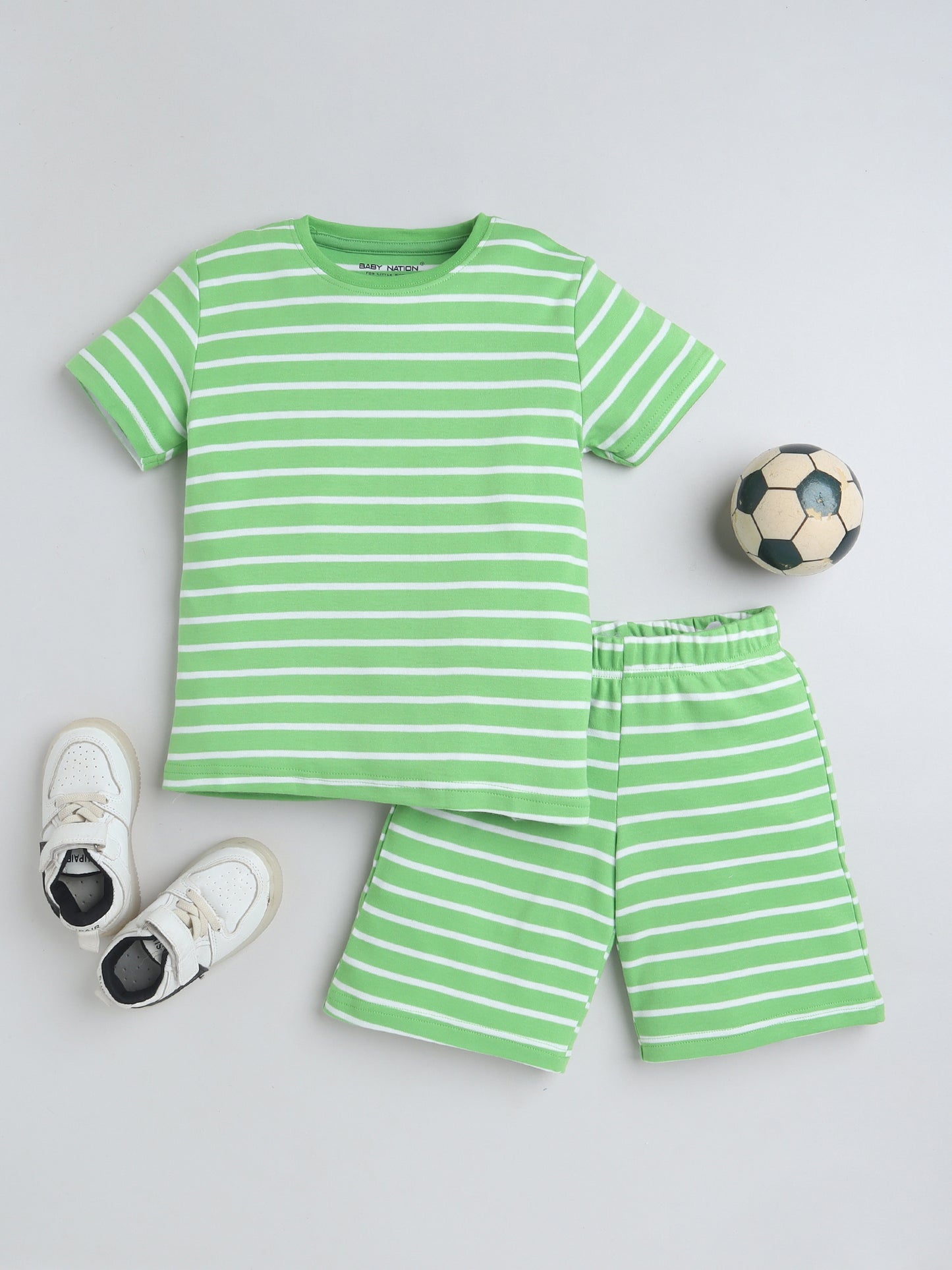 Baby Nation Cotton Knit Half Sleeve Coord Short Set - Green Stripes