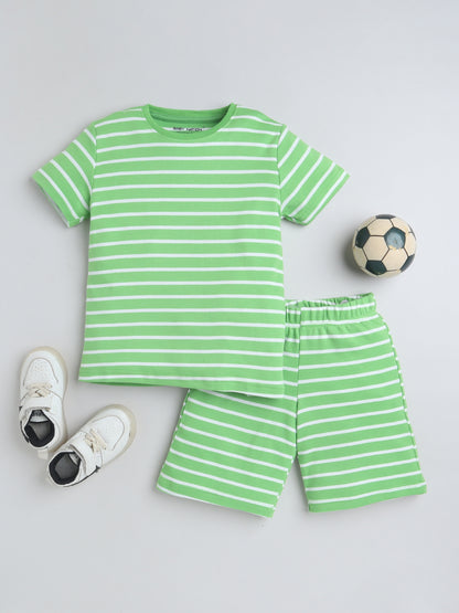 Baby Nation Cotton Knit Half Sleeve Coord Short Set - Green Stripes