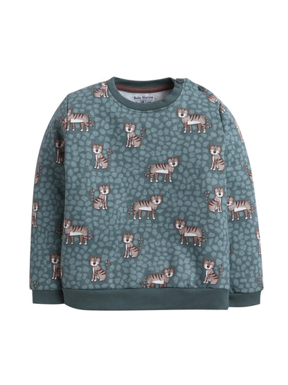 Unisex Kids Sweatshirt – Green with Cute Tiger Print