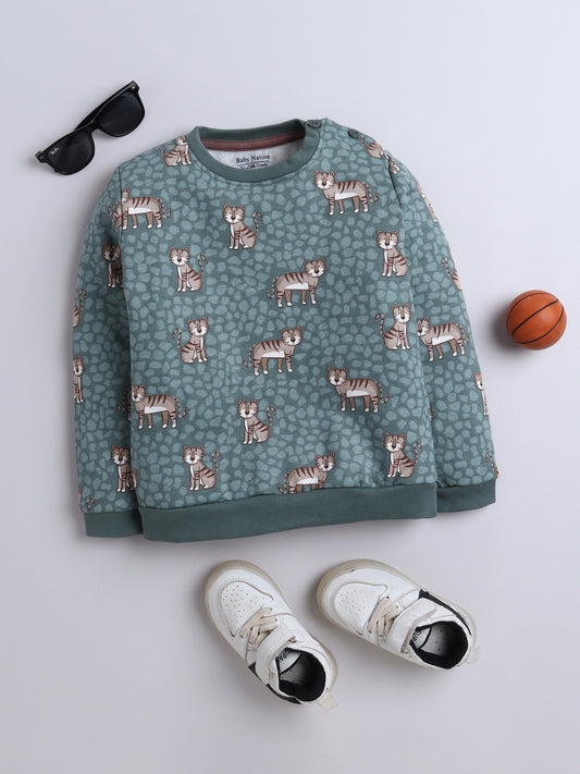Unisex Kids Sweatshirt – Green with Cute Tiger Print